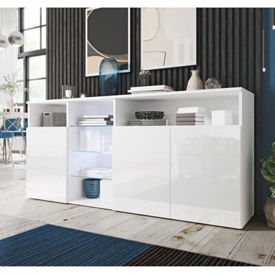 LETTEIMOBILI Credenza Bianca Moderna - 3 Ante, LED, 150x70x35cm LETTEIMOBILI Credenza Bianca Moderna - 3 Ante, LED, 150x70x35cm
