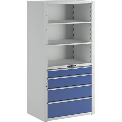 LISTA Stauraum Schrank - 3 Regale, 4 Schubladen, Hellgrau RAL 7035 LISTA Stauraum Schrank - 3 Regale, 4 Schubladen, Hellgrau RAL 7035