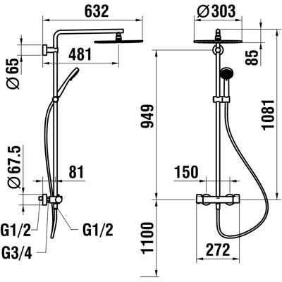 Laufen Vivid Duschsystem - Thermostat Wandmontage - Ø300mm Kopfbrause - 1080mm Höhe Laufen Vivid Duschsystem - Thermostat Wandmontage - Ø300mm Kopfbrause - 1080mm Höhe