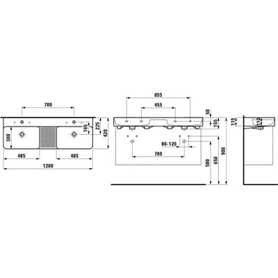 Laufen VAL Doppio Lavabo - 1200x420mm, Bianco, 3 fori, Troppopieno Laufen VAL Doppio Lavabo - 1200x420mm, Bianco, 3 fori, Troppopieno