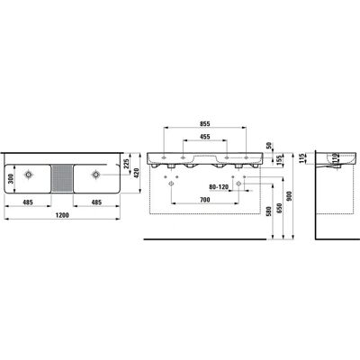 Laufen VAL Doppelwaschtisch - Wandhängend, 1200x420, Weiß Laufen VAL Doppelwaschtisch - Wandhängend, 1200x420, Weiß