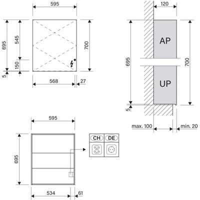 Armario con Espejo Blanco de Aluminio Schneider - Puerta Reversible - Sin Luz - 60x70x12cm Armario con Espejo Blanco de Aluminio Schneider - Puerta Reversible - Sin Luz - 60x70x12cm
