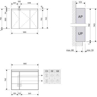 Schneider Object Line Superior LED Spiegelschrank - Aluminium, 3 Türen, 995x123x743mm Schneider Object Line Superior LED Spiegelschrank - Aluminium, 3 Türen, 995x123x743mm