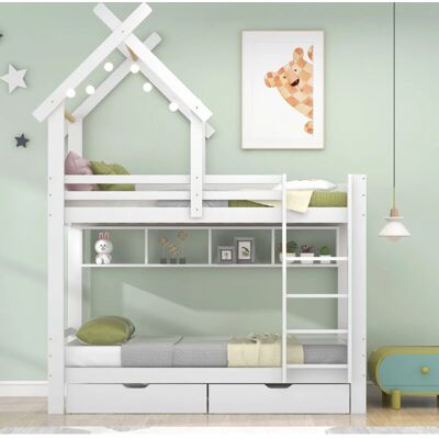 REDOM - Letto a castello con cassetti e ripiani - Bianco legno massiccio+MDF - Storage with drawers - Letto REDOM - Letto a castello con cassetti e ripiani - Bianco legno massiccio+MDF - Storage with drawers - Letto