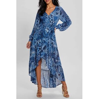 Robe Guess - Encolure en V Imprimé Paisley Longue en Tissu Synthétique - Coupe Droite - Publicité Robe Guess - Encolure en V Imprimé Paisley Longue en Tissu Synthétique - Coupe Droite - Publicité
