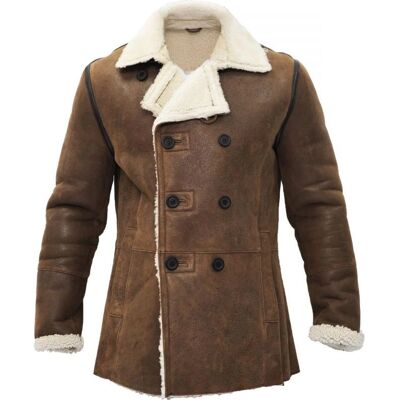 Infinity Leather Herren Tan Zweireihiger Shearling Pea Coat Infinity Leather Herren Tan Zweireihiger Shearling Pea Coat