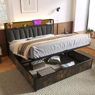 HOMMOO - 160 x 200 cm - Gris - cabecero LED - cama con almacenamiento HOMMOO - 160 x 200 cm - Gris - cabecero LED - cama con almacenamiento