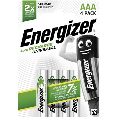 Baterías recargables AAA Energizer - 500mAh, NiMH, Pack de 4 Baterías recargables AAA Energizer - 500mAh, NiMH, Pack de 4