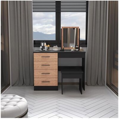 Mesa de Maquillaje TuHome con Espejo - 4 Cajones, Asiento, Wengue-Gris - Tocador Mesa de Maquillaje TuHome con Espejo - 4 Cajones, Asiento, Wengue-Gris - Tocador