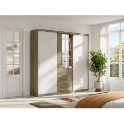 Vente-unique Armoire Bodil - Portes coulissantes - Miroir et tiroirs - 240cm - Chêne clair - Publicité Vente-unique Armoire Bodil - Portes coulissantes - Miroir et tiroirs - 240cm - Chêne clair - Publicité