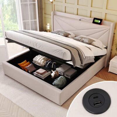 OKWISH - Cama - Beige algodón-lino - Carga USB-C - Cama con almacenamiento OKWISH - Cama - Beige algodón-lino - Carga USB-C - Cama con almacenamiento