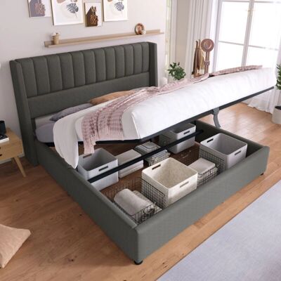 WISHDOR - Letto contenitore 160x200 - Lino grigio - without mattress - Bed WISHDOR - Letto contenitore 160x200 - Lino grigio - without mattress - Bed