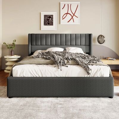REDOM - Letto imbottito con contenitore - Lino grigio - Bed REDOM - Letto imbottito con contenitore - Lino grigio - Bed
