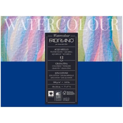 Papel para aquarela Fabriano - 18x24cm, 12 folhas, 300g, Grão Fino Papel para aquarela Fabriano - 18x24cm, 12 folhas, 300g, Grão Fino
