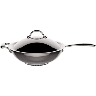 Poêle wok en acier inox 30cm avec couvercle Poêle wok en acier inox 30cm avec couvercle