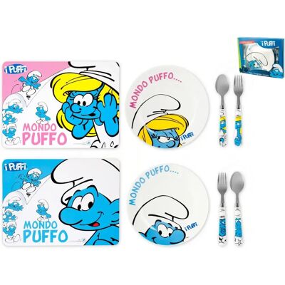 Ensemble de Vaisselle en Mélamine pour Enfants - Schtroumpfs - Assiette & 2 Couverts - Coloré - 4 pcs - Publicité Ensemble de Vaisselle en Mélamine pour Enfants - Schtroumpfs - Assiette & 2 Couverts - Coloré - 4 pcs - Publicité