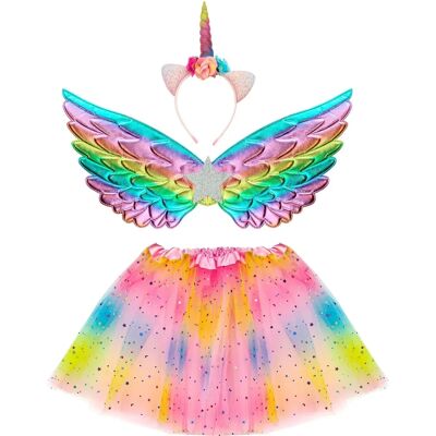 Conjunto de disfraz de unicornio Widmann para niñas - Tutú arcoíris, alas y diadema con cuerno Conjunto de disfraz de unicornio Widmann para niñas - Tutú arcoíris, alas y diadema con cuerno