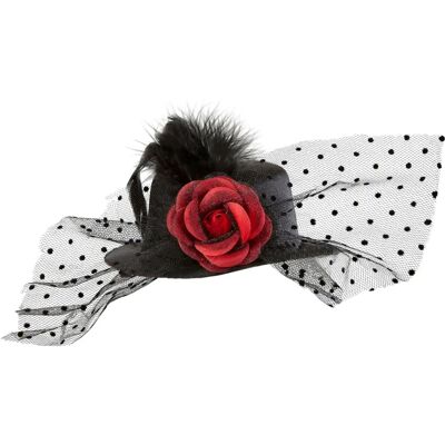 Sombrero Mini Negro de Tulle con Rosa Roja - Sombrero Sombrero Mini Negro de Tulle con Rosa Roja - Sombrero