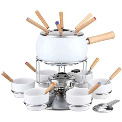 EVA Fonduta Esmaltada Blanca Brillante Set de 23 Piezas - BLANCO EVA Fonduta Esmaltada Blanca Brillante Set de 23 Piezas - BLANCO