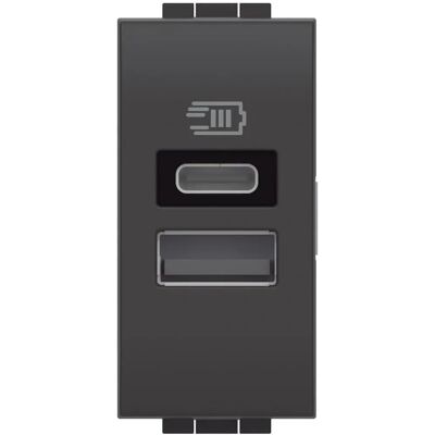 BTicino Dubbele USB Wandlader - 1 Module - Antraciet - Type A+C 15W BTicino Dubbele USB Wandlader - 1 Module - Antraciet - Type A+C 15W