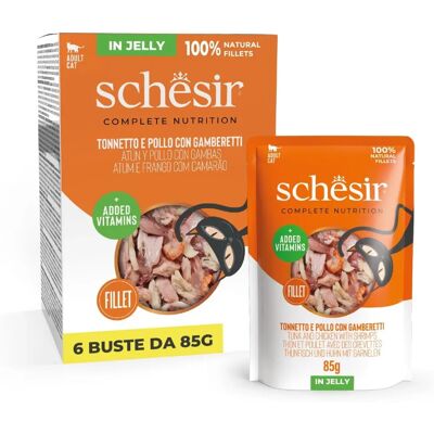 Schesir Macskaeledel - Tonhal, Csirke & Garnéla Zselében - 24 x 85g Schesir Macskaeledel - Tonhal, Csirke & Garnéla Zselében - 24 x 85g