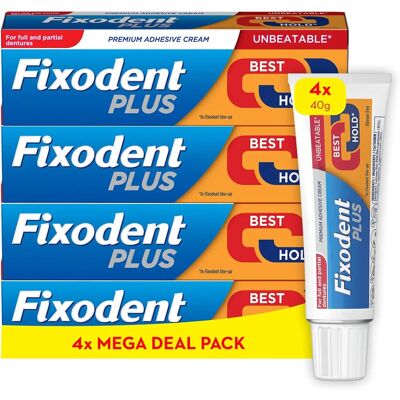 Fixodent - Plus - 40g x4 - Premium - Crème Adhésive pour Prothèses - Publicité Fixodent - Plus - 40g x4 - Premium - Crème Adhésive pour Prothèses - Publicité