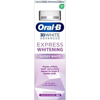 Dentifrice Oral-B 3D White Advanced Express Whitening Glossy White 75ml - Publicité Dentifrice Oral-B 3D White Advanced Express Whitening Glossy White 75ml - Publicité