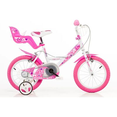 Bicicletta per ragazze DINO 14 pollici a forma di cuore rosa con cestino e ruotine Bicicletta per ragazze DINO 14 pollici a forma di cuore rosa con cestino e ruotine