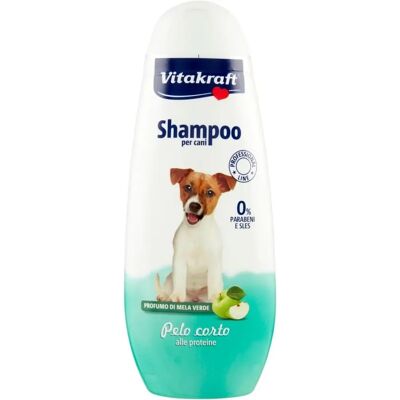 Shampoo Vitakraft per cani pelo corto - Arricchito con proteine - Profumo di mela verde - pH sicuro Shampoo Vitakraft per cani pelo corto - Arricchito con proteine - Profumo di mela verde - pH sicuro