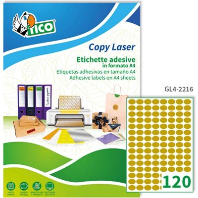 Etichette ovali satinate oro Tico - 22x16mm - 120 per foglio - 100 fogli Etichette ovali satinate oro Tico - 22x16mm - 120 per foglio - 100 fogli