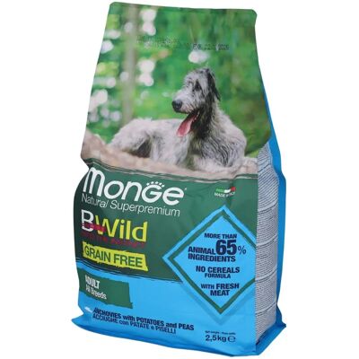 Cibo secco Monge senza cereali per cani adulti - Acciughe, Patate, Piselli Cibo secco Monge senza cereali per cani adulti - Acciughe, Patate, Piselli