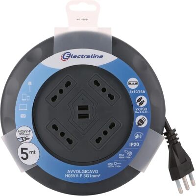 ELECTRALINE Extensión de cable con 4 tomas y USB - 5m, Bivalente 10/16A ELECTRALINE Extensión de cable con 4 tomas y USB - 5m, Bivalente 10/16A