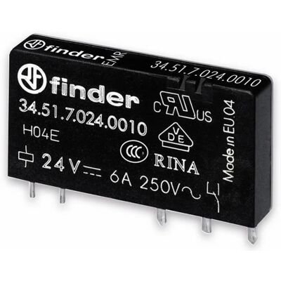 Finder 34.51.7.024.0310 Relè PCB Sottile - 24V/DC, 6A, IP20 Finder 34.51.7.024.0310 Relè PCB Sottile - 24V/DC, 6A, IP20