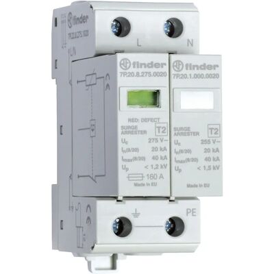 Finder 7P.22.8.275.1020 Protector de sobretensiones - Tipo 2, 275V, 40kA Finder 7P.22.8.275.1020 Protector de sobretensiones - Tipo 2, 275V, 40kA