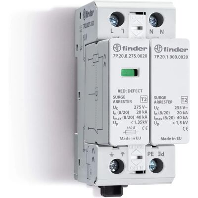 Proteção contra sobretensão Finder - 20kA, 275V, Tipo 2, 7P Proteção contra sobretensão Finder - 20kA, 275V, Tipo 2, 7P