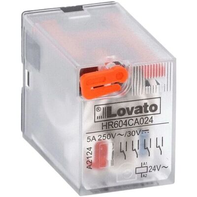 Lovato HR604CA024 - Relè industriale - 4 C/O contatti - 24VAC controllo - Isolamento IEC 500V Lovato HR604CA024 - Relè industriale - 4 C/O contatti - 24VAC controllo - Isolamento IEC 500V