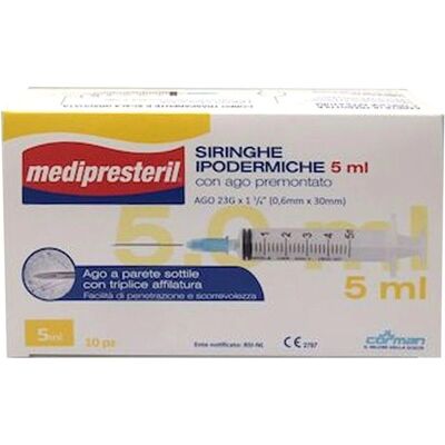 Siringa MEDI PRESTERIL 5ml - Monouso, Ago 23G, Cilindro Trasparente Siringa MEDI PRESTERIL 5ml - Monouso, Ago 23G, Cilindro Trasparente