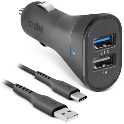 SBS Bærbar Biloplader - Dual USB, 2100mAh, Type-C Kabel SBS Bærbar Biloplader - Dual USB, 2100mAh, Type-C Kabel