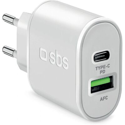 SBS 20W Vit USB-C & USB-A Laddare - Snabbladdning SBS 20W Vit USB-C & USB-A Laddare - Snabbladdning
