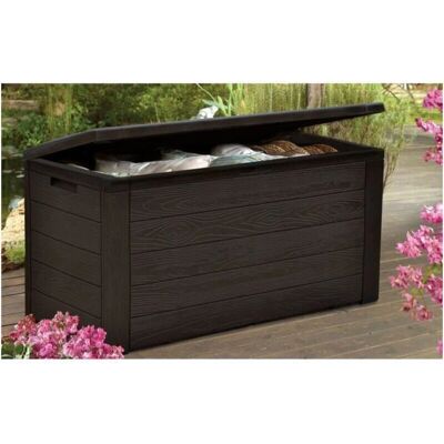 Coffre de rangement TOOD - Résine 300L - Aspect bois marron - 120x46x58cm - Publicité Coffre de rangement TOOD - Résine 300L - Aspect bois marron - 120x46x58cm - Publicité
