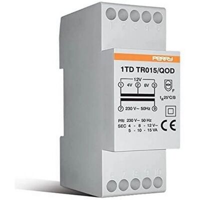 Perry 15VA Transformator - 2 DIN Module - Ausgänge 4V, 8V, 12V Perry 15VA Transformator - 2 DIN Module - Ausgänge 4V, 8V, 12V