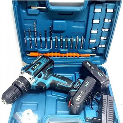 Trade Shop Traesio - Taladro - Doble Batería de Litio - 36V Max - Incluye 26 Accesorios Trade Shop Traesio - Taladro - Doble Batería de Litio - 36V Max - Incluye 26 Accesorios