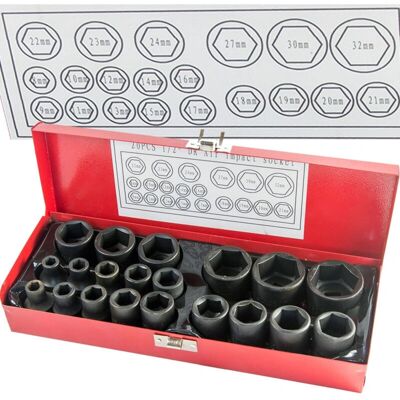 Trade Shop Stecknuss-Set - 20 Stück 1/2" 8-32mm - Steckschlüssel für Druckluftbohrer Trade Shop Stecknuss-Set - 20 Stück 1/2" 8-32mm - Steckschlüssel für Druckluftbohrer