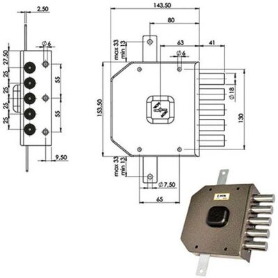 Cerradura de Doble Mapa Moia G413Dx - Madera, 5 pestillos, 25mm separación Cerradura de Doble Mapa Moia G413Dx - Madera, 5 pestillos, 25mm separación