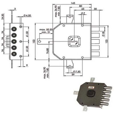 Moia A415Sx Cerradura de doble mapa para madera - 5 pestillos laterales, separación 26mm - Tipo de cerradura Moia A415Sx Cerradura de doble mapa para madera - 5 pestillos laterales, separación 26mm - Tipo de cerradura