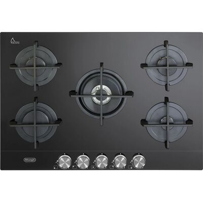 DeLonghi NSL575NC Plaque de cuisson à gaz avec surface en céramique - 5 foyers, couronne double, grilles en fonte, 75 cm, noire - Publicité DeLonghi NSL575NC Plaque de cuisson à gaz avec surface en céramique - 5 foyers, couronne double, grilles en fonte, 75 cm, noire - Publicité