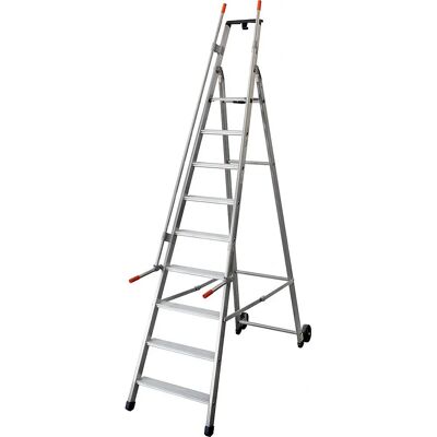 Escalera móvil de aluminio plateada Kaiserkraft con 2 pasamanos y 9 peldaños Escalera móvil de aluminio plateada Kaiserkraft con 2 pasamanos y 9 peldaños