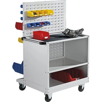Estantería móvil Kaiserkraft con cajas abiertas y superficie de trabajo - Unidad de almacenamiento Estantería móvil Kaiserkraft con cajas abiertas y superficie de trabajo - Unidad de almacenamiento