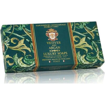 Ensemble de savons Vetiver & Argan de Saponificio Artigianale Fiorentino - 3x125g - Publicité Ensemble de savons Vetiver & Argan de Saponificio Artigianale Fiorentino - 3x125g - Publicité