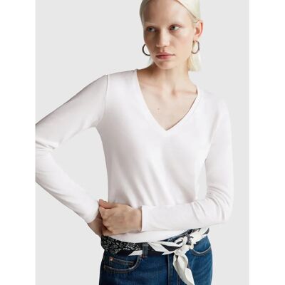 Benetton XXS Femme Blanc - T-shirt Manche Longue V-neck Benetton XXS Femme Blanc - T-shirt Manche Longue V-neck